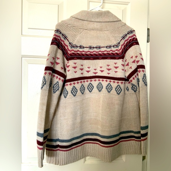 Pink Republic Nordiac style sweater cardigan sz L, creamy tan/pink/burgundy/blue - Picture 2 of 11